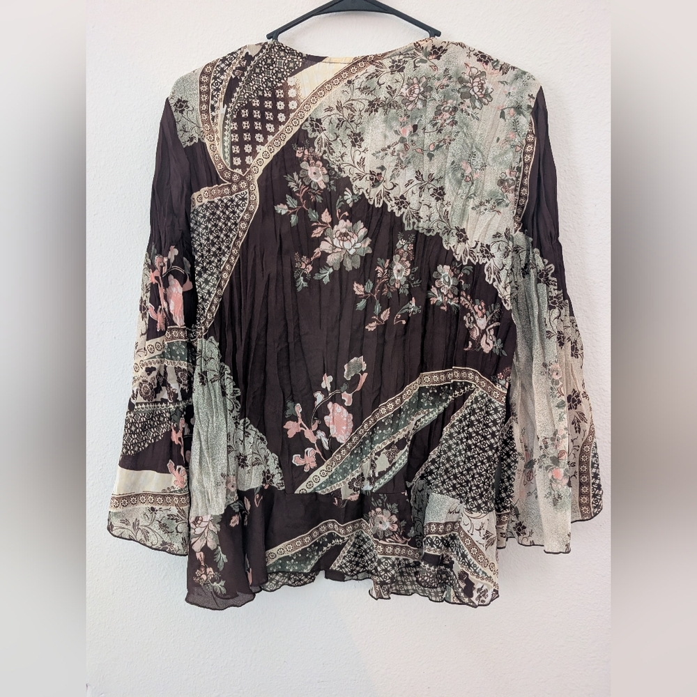 dressbarn Brown & Sage Floral Patchwork Lace-Trim Blouse Fairy Top Very Y2K - Picture 6 of 7